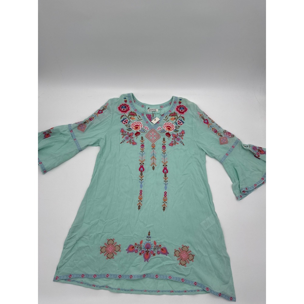 Paparazzi Mint Green Embroidered Floral Tunic Top Bell Sleeve Boho V-Neck M